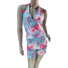 VIA7 - Enterizo corto fondo azul de flores vivas casual y deportivo