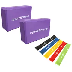 SPORT FITNESS - Cubo Yoga Bloque + Kit 5 Banda Elástica Gym Pilates Fitness