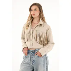 TENNIS - Abrigo en tela gamuza con flecos crudo para mujer