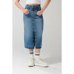 KOAJ - Falda larga azul clara en jean con abertura y tiro alto Mujer