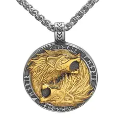 GENERICO - Collar para hombre Dije Vikingo Lobos Fenrir Acero De acero Color Oro