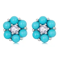 ALHAJAS - Aretes Topitos Para Mujer O Niña Piedras Flor Turquesa En Plata 925