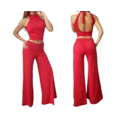 VIA7 - Conjunto de pantalon licrado bota recta y blusa encaje