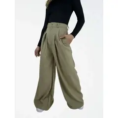 MOLGOA - Pantalón Tipo Palazzo Tiro Alto - Santana Beige
