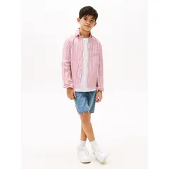 TOMMY HILFIGER - Camisa roja de rayas en mezcla de lino