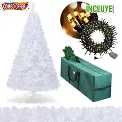 EVERGREEN - Árbol navidad blanco 210 cm importado 1200 ramas Combo luces y estuche