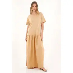 TOPMARK - Vestido largo en mix de telas café para mujer