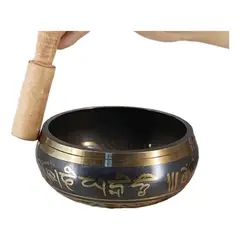GENERICO - Cuenco Tibetano Hindu Bronce Tallado Con Baqueta En Cedro
