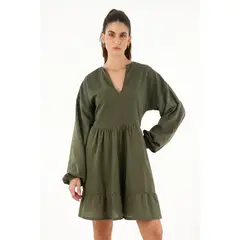 TOPMARK - Vestido corto manga larga verde con ojalillo para mujer