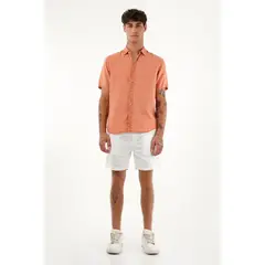 TENNIS - Camisa manga corta 100% lino naranja para hombre