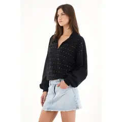 TENNIS - Buzo en burda con aplique brillantes negro para mujer