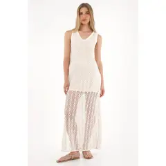 TENNIS - Vestido largo en tejido de crochet crudo para mujer