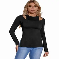 100 - Blusa costura de canalé con abertura color negro