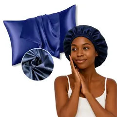 GENERICO - Set Gorro y Funda de Satín Cuida Tu Cabello y Piel Azul