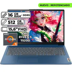 Lenovo - PORTÁTIL SLIM 3 AMD RYZEN 5 7520U 16GB RAM 512GB SSD 15.6" FHD ABYSS BLUE