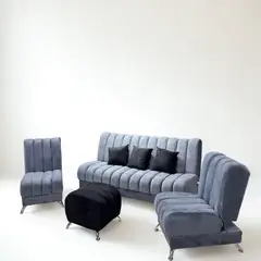 GENERICO - SALA COMPLETA SOFA Y SILLAS RECLINABLES + PUFF Y COJINES - CLICK CLACK ATENAS COLOR GRIS