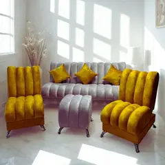 GENERICO - SALA COMPLETA SOFA Y SILLAS RECLINABLES + PUFF Y COJINES - CLICK CLACK ATENAS COLOR PLATA Y AMARILLO