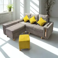 GENERICO - SALA L MODULAR ESQUINERA CON PUFF Y ESPEJOS DECORATIVOS MODELO PARÍS DIAMANTE COLOR CAFÉ CLARO Y AMARILLO