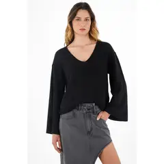 TENNIS - Buzo con cuello en V negro para mujer