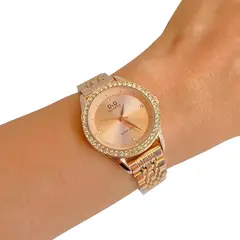 Q&Q - Reloj Oro Rosa Con Piedras Acero Inoxidable Original + Caja