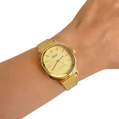 Q&Q - Reloj Dorado Con Piedras Pulso Malla Acero Inox Original + Caja