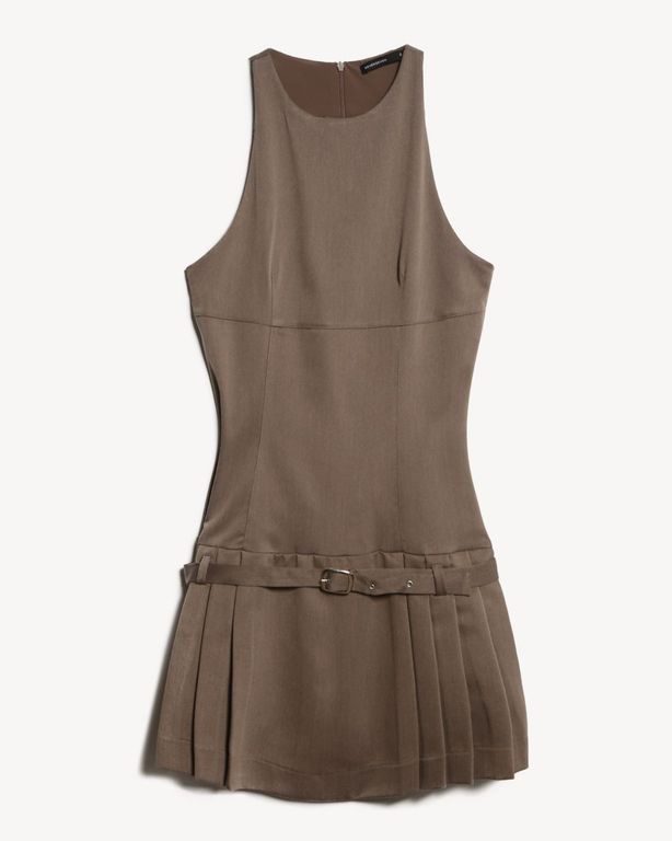 Imagen de Vestido Mini De Tablas Con Cinturón Para Mujer Café