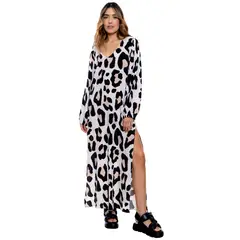 COLOR BLUE - Maxi Vestido Manga Larga En Animal Print