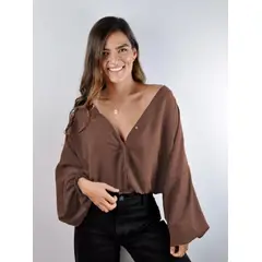MOLGOA - Blusa para Mujer Cocoa Escote V Manga Larga Bombacha Ocaso Café Oscuro