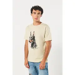 KOAJ - Camiseta kaki cuello redondo con estampado de perro Hombre