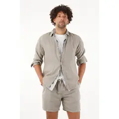 TENNIS - Camisa gris manga larga en lino 100% para hombre