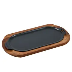VICTORIA - Plancha Ovalada Hierro Fundido 34 X 17 Cm con Base de Madera acacia