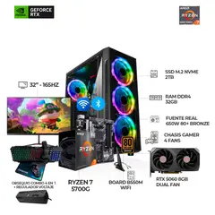 AMD - PC RYZEN 7 5700G + RTX 5060 + MONITOR 32" 165HZ + B550 WIFI + RAM 32GB SSD 2TB