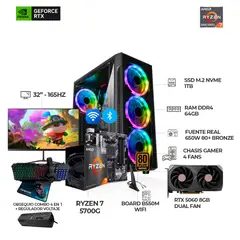 AMD - PC RYZEN 7 5700G + RTX 5060 + MONITOR 32" 165HZ + B550 WIFI + RAM 64GB SSD 1TB