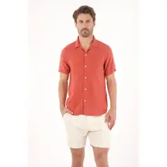 TENNIS - Camisa manga corta en 100% lino naranja para hombre