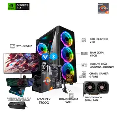 AMD - PC RYZEN 7 5700G + RTX 5060 + MONITOR 27" 165HZ + B550 WIFI + RAM 64GB SSD 2TB