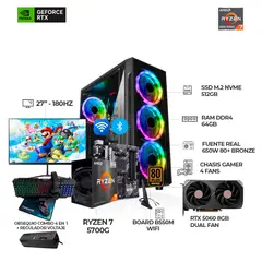 AMD - PC RYZEN 7 5700G + RTX 5060 + MONITOR 27" 180HZ + B550 WIFI + RAM 64GB SSD 512GB