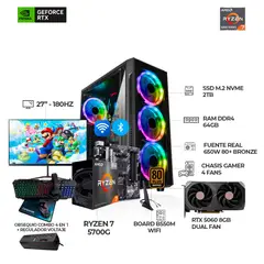 AMD - PC RYZEN 7 5700G + RTX 5060 + MONITOR 27" 180HZ + B550 WIFI + RAM 64GB SSD 2TB