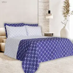 GENERICO - Colcha Cama QUEEN Azul Gris Abanicos