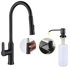 GENERICO - Griferia Negro Matte Pull Out Suprema + Dispensador Mesa Negro Matte