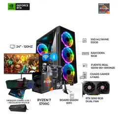 AMD - PC RYZEN 7 5700G + RTX 5060 + MONITOR 24" 120HZ + B550 WIFI + RAM 16GB SSD 512GB