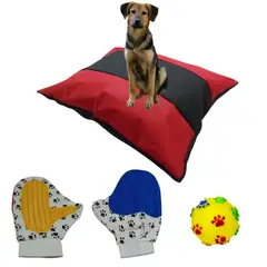 HALLY PET - Colchon Bicolor Mas Guante Mas Juguete Rojo