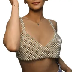 AUTORA BY MEIF RUBIO - Top Perlas Beige tipo corset Bodychain para Conciertos y festivales