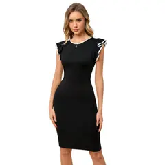 NEGRELI - Vestido Negro Entallado con Volantes y Ribete Blanco