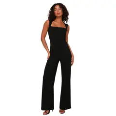 NEGRELI - Enterizo negro mujer elegante escote cuadrado bota ancha