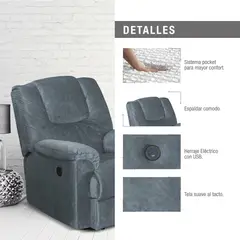 ELITE LIVING - SILLA RECLINABLE TONY ELECTRICA USB SEMI SINTETICO GRIS PLOMO