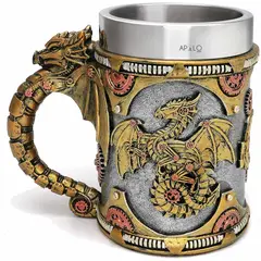APOLO - Vaso Taza Mug Dragon Dorado Steampunk Medieval Coleccionable