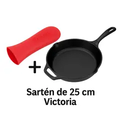 VICTORIA - Combo Sartén de Hierro Fundido de 25 Cm + Mango de Silicona