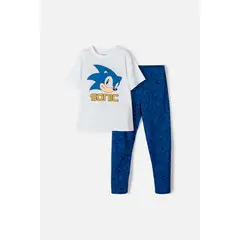 SONIC - Pijama de con pantalón largo blanco y azul para niño