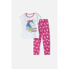 MIC - Pijama de con pantalón largo blanco y fucsia para niña