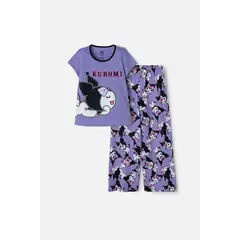 SANRIO - Pijama de Kuromi lila y negra con pantalón largo para niña